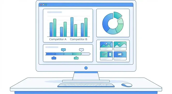 Professional ad intelligence dashboard showing competitor ad metrics, creative previews, and trend charts for media buying teams