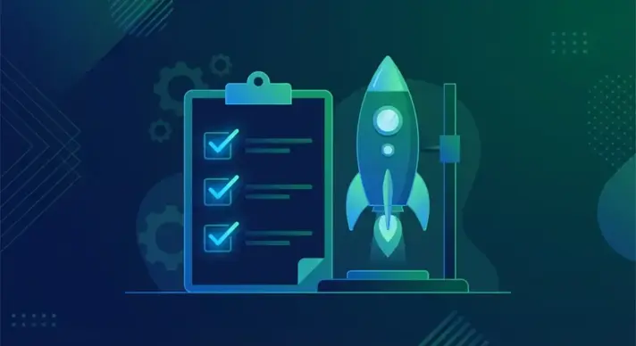 Pre-flight checklist clipboard next to a rocket launch icon representing Facebook ad account audit before scaling