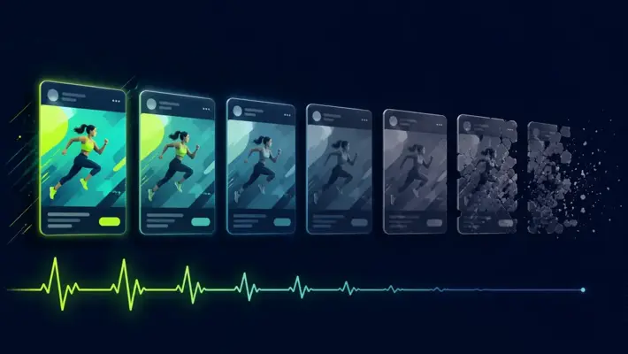 Life cycle of Facebook ad creatives visualized as glowing cards fading and crumbling with a flattening pulse line