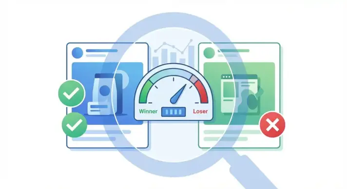 Facebook ad creative testing framework diagram showing the process from competitor research to validated winners with A/B testing elements