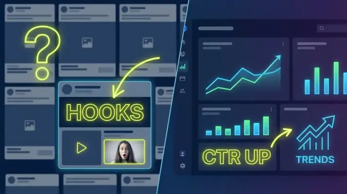 Visual overview of Facebook ad hook patterns with data trend charts showing CTR performance metrics for 2026