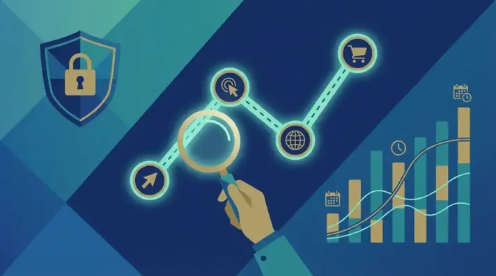 Illustration of Facebook Ads attribution measurement showing conversion path analysis with iOS privacy shield and analytics charts