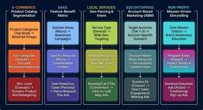 Diagram showing five Facebook Ads campaign structures organized by business vertical with campaign, ad set, and ad layers