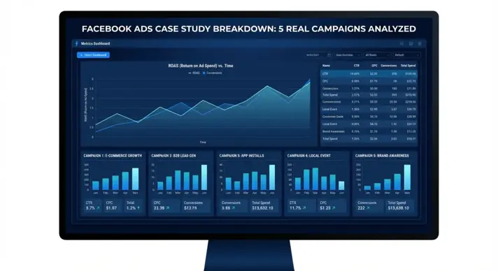 Editorial illustration of five Facebook Ads case study dashboards on a desk surrounded by sticky notes labeled DTC, lead gen, affiliate, local, and SaaS