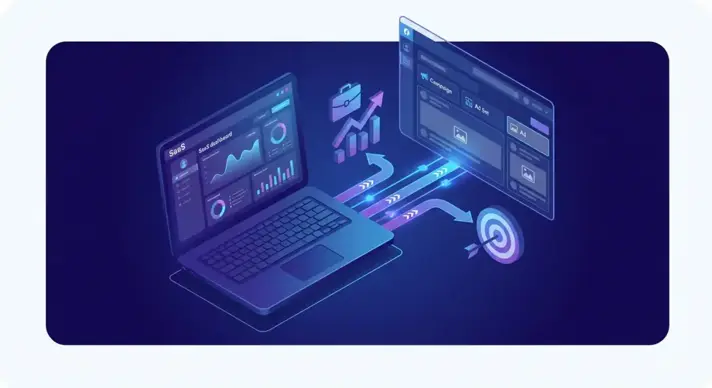 Illustration of B2B SaaS advertising on Facebook showing laptop with SaaS dashboard connected to Facebook ad manager