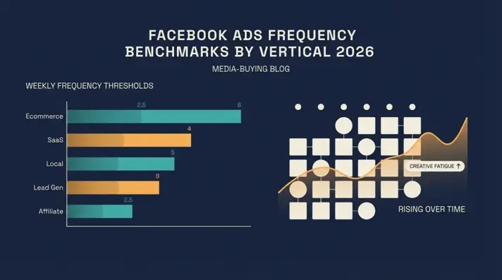 Chart visualizing Facebook Ads frequency benchmarks across ecommerce, SaaS, local, lead gen and affiliate verticals for 2026