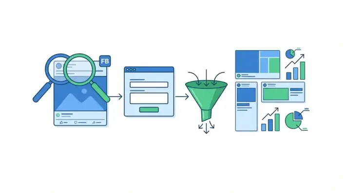 Facebook lead generation ads spy illustration showing competitor funnels being analyzed with magnifying glass and conversion metrics