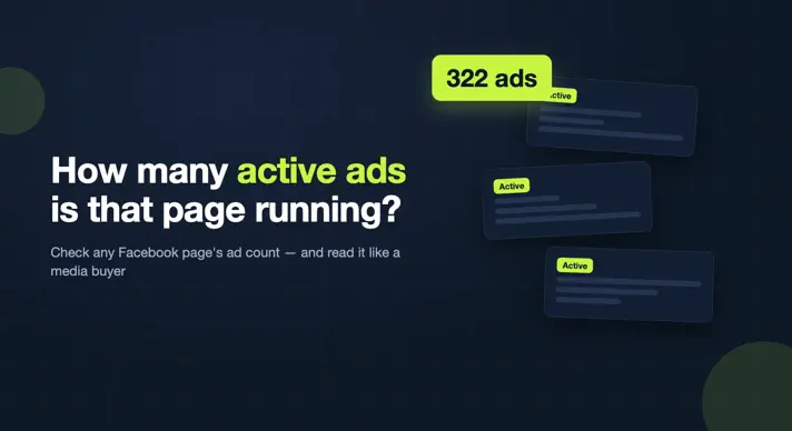 Illustration of counting a Facebook page's active ads with a 322 ads counter over ad cards