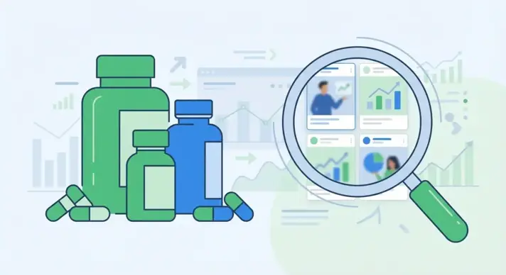 Spy tool dashboard showing nutra supplement ad creatives on Facebook with search filters and analytics data