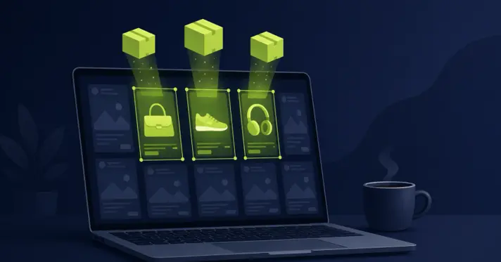 Illustration of a laptop showing a grid of Facebook ad cards with three product boxes highlighted in green above the screen