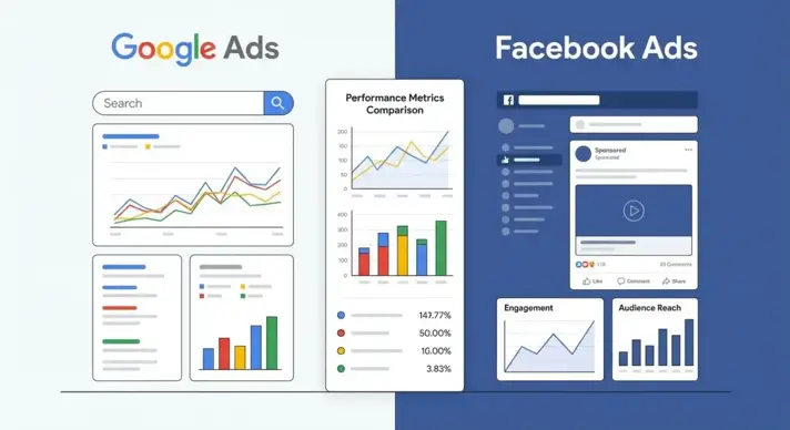 Split-screen comparison of Google Ads and Facebook Ads advertising platforms with performance dashboards