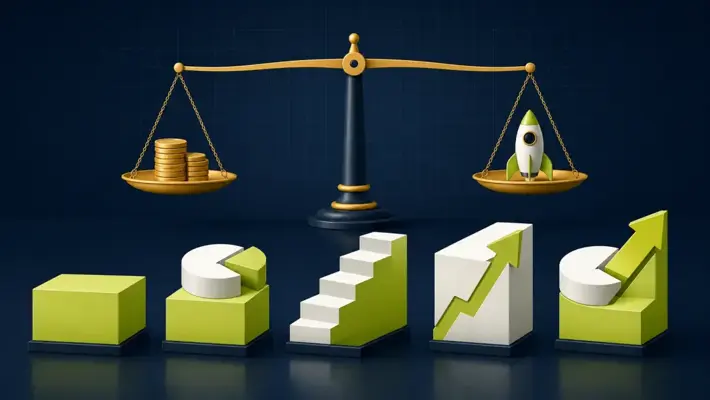 Balance scale weighing agency fees against growth, above five blocks representing Facebook Ads pricing models