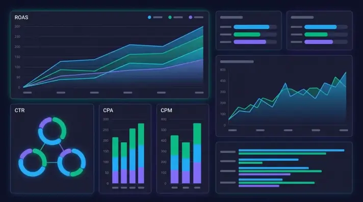 Professional marketing KPI dashboard with ROAS, CPA, and CTR metric charts on a dark background
