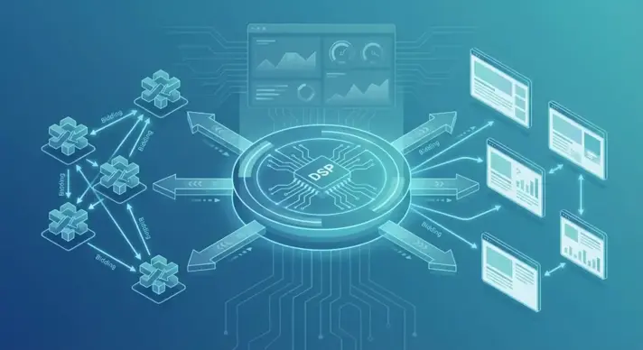 Digital illustration of a programmatic advertising ecosystem with DSP connections and data flow visualizations