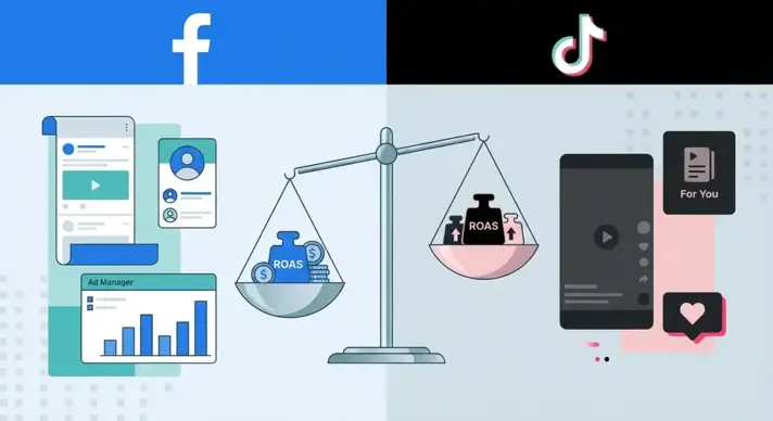 Split-screen comparison of Facebook Ads and TikTok Ads platforms with ROAS metrics on a balance scale