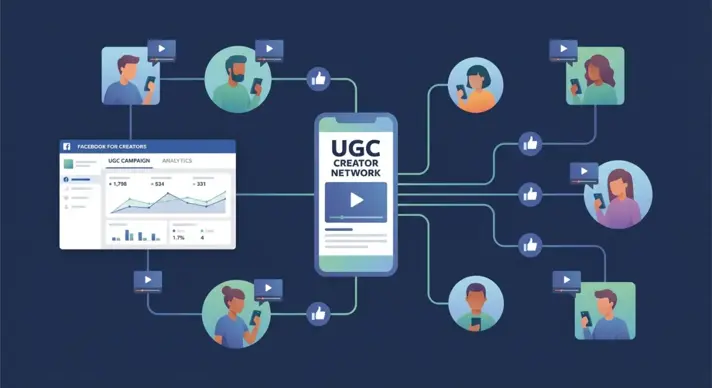 UGC creator network workflow for Facebook Ads showing creator sourcing, briefing, and content production pipeline