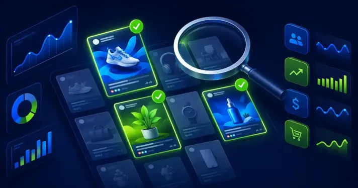 Grid of 10 winning Facebook ad examples with analysis callouts highlighting hooks, visuals, and CTAs