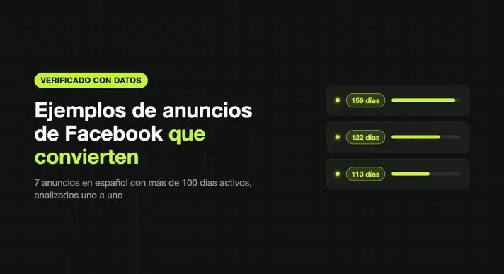 Portada: ejemplos de anuncios de Facebook que convierten, 7 anuncios en español con más de 100 días activos