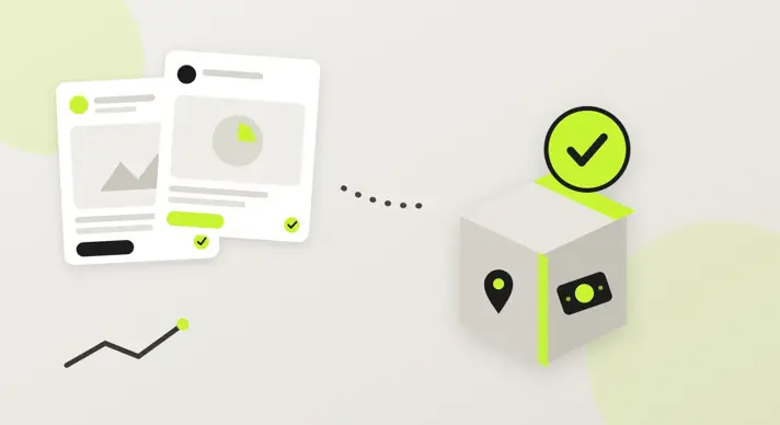 Tarjetas de anuncios de Facebook validadas con checkmarks apuntando a una caja de entrega con pin de ubicación y pago en efectivo
