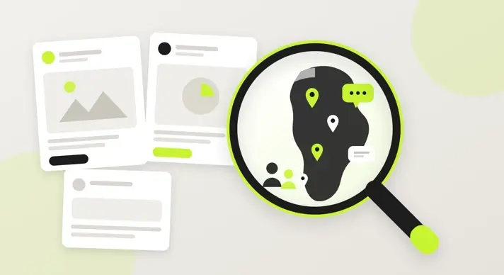Lupa sobre un mapa de Latinoamérica revelando señales de audiencia en tarjetas de anuncios de Facebook