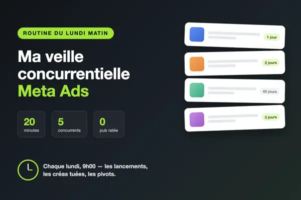 Illustration d'un marketeur devant sa routine de veille concurrentielle Meta du lundi matin