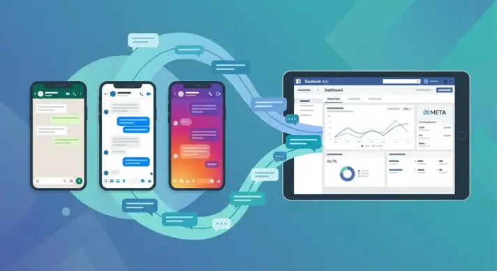 Три экрана смартфонов с интерфейсами WhatsApp, Messenger и Instagram Direct, подключенные к дашборду Facebook Ads для click-to-message кампаний
