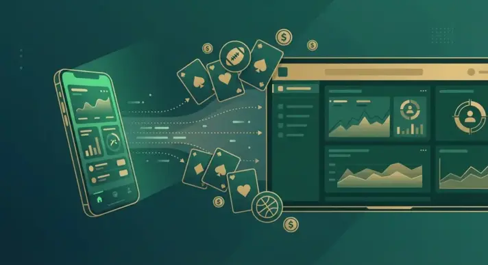 Иллюстрация концепции рекламы гемблинга и беттинга в Facebook Ads с элементами спортивных ставок и рекламного менеджера