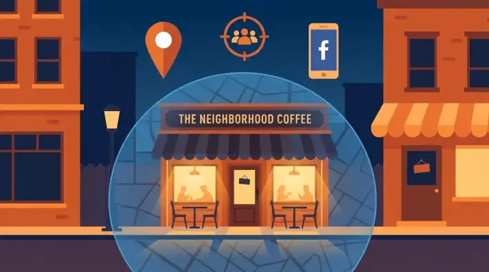 Иллюстрация рекламы Facebook для локального бизнеса с радиусом таргетинга на карте