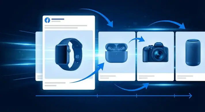 Иллюстрация карусельной рекламы Facebook с несколькими карточками товаров и жестом свайпа