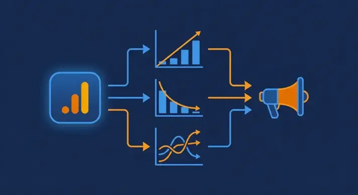Концепция кросс-платформной атрибуции — иконки Google Analytics 4 и Facebook Ads соединенные потоками данных