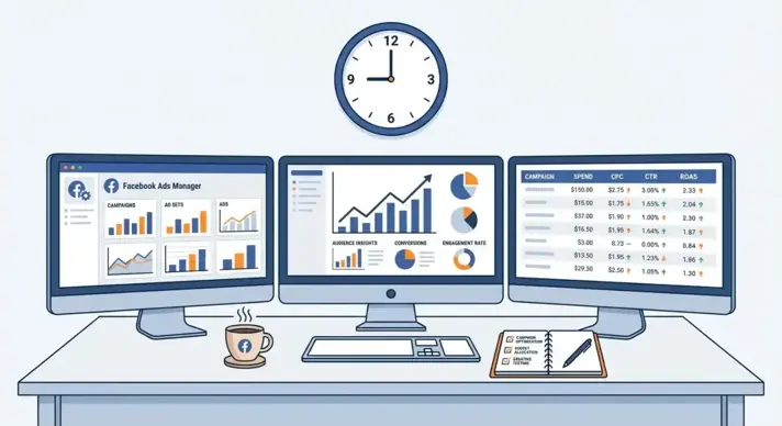 Рабочее место медиабайера с мониторами, показывающими дашборды Facebook Ads Manager с метриками и кампаниями