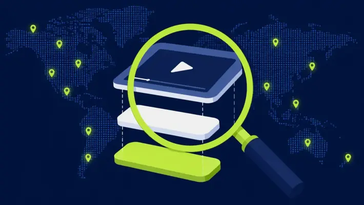 Разбор рекламного объявления по слоям под увеличительным стеклом на фоне карты мира