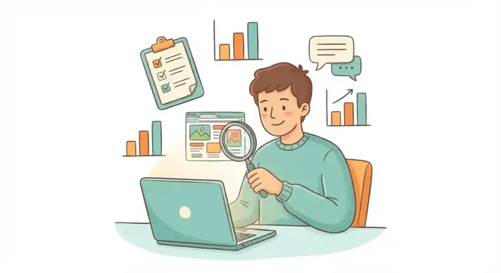 Початківець аналізує рекламу конкурентів у Facebook на екрані ноутбука з лупою та графіками аналітики
