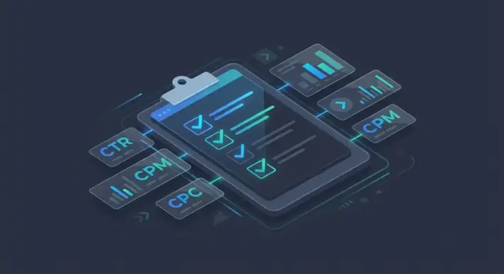 Чеклист конкурентного аналізу для медіабаєрів з галочками та елементами рекламного дашборду на професійному фоні