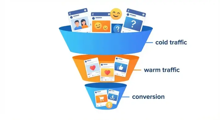 Ілюстрація рекламної воронки Facebook Ads для початківців з трьома етапами від холодного трафіку до конверсії