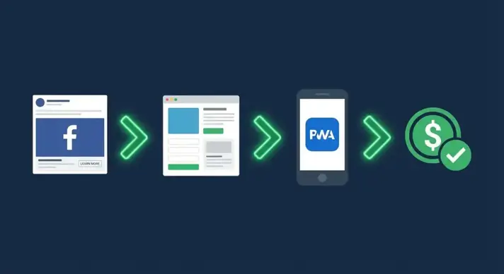 Ілюстрація рекламної воронки від Facebook-оголошення через прелендінг та PWA до конверсії з елементами аналізу даних