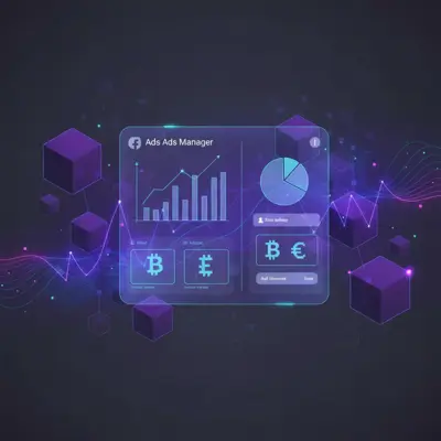 Концепт реклами криптопроєктів у Facebook — блокчейн-елементи та інтерфейс Facebook Ads на синьому фоні