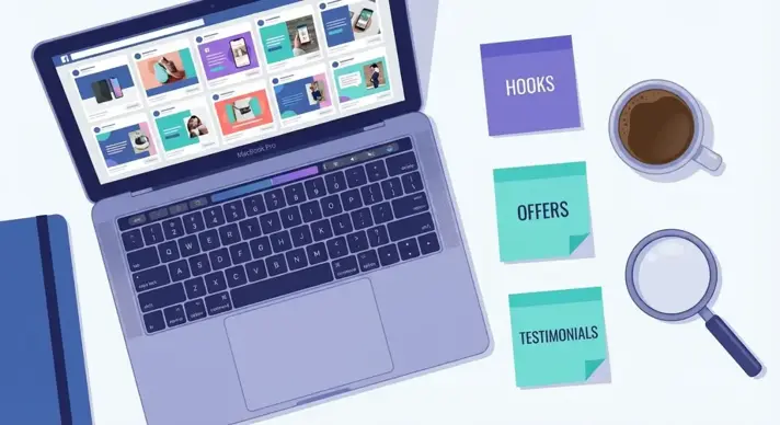 Організований робочий простір медіабаєра зі swipe-файлом рекламних креативів Facebook на екрані ноутбука