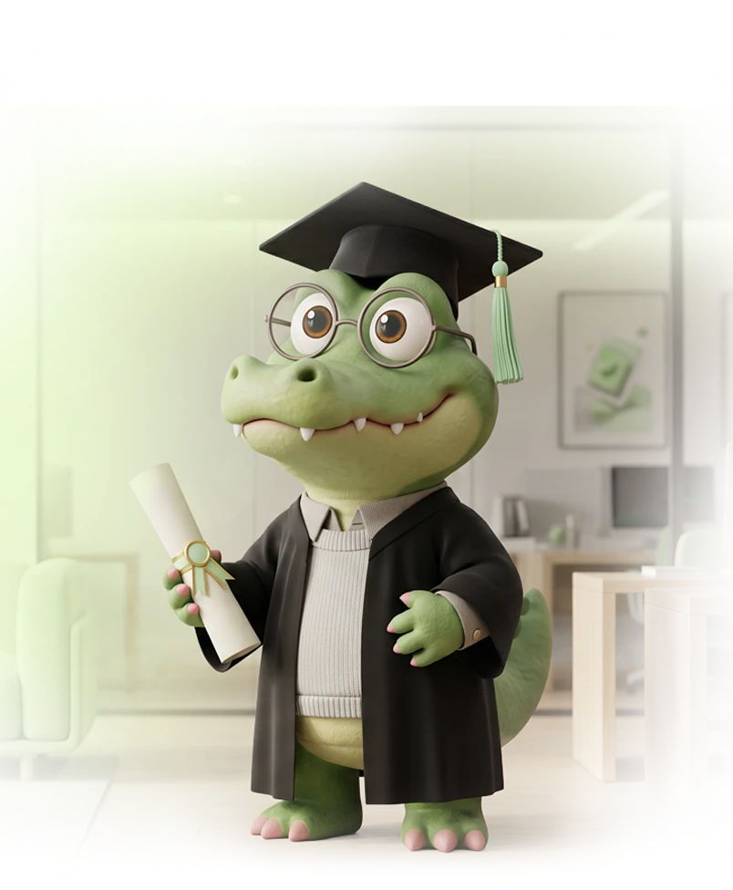 Adligator Academy mascot in graduation cap and gown holding a diploma