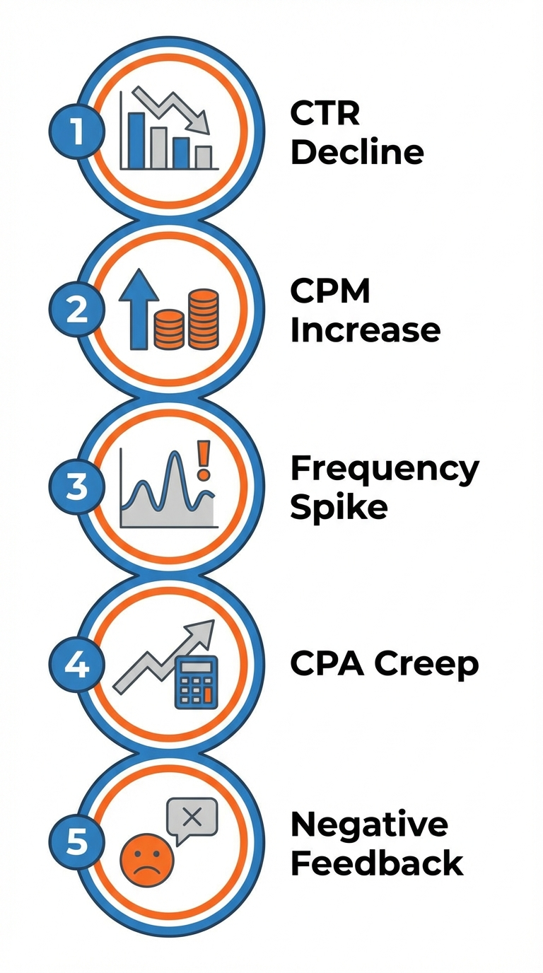 Infographic showing the 5 early warning signals of ad creative fatigue