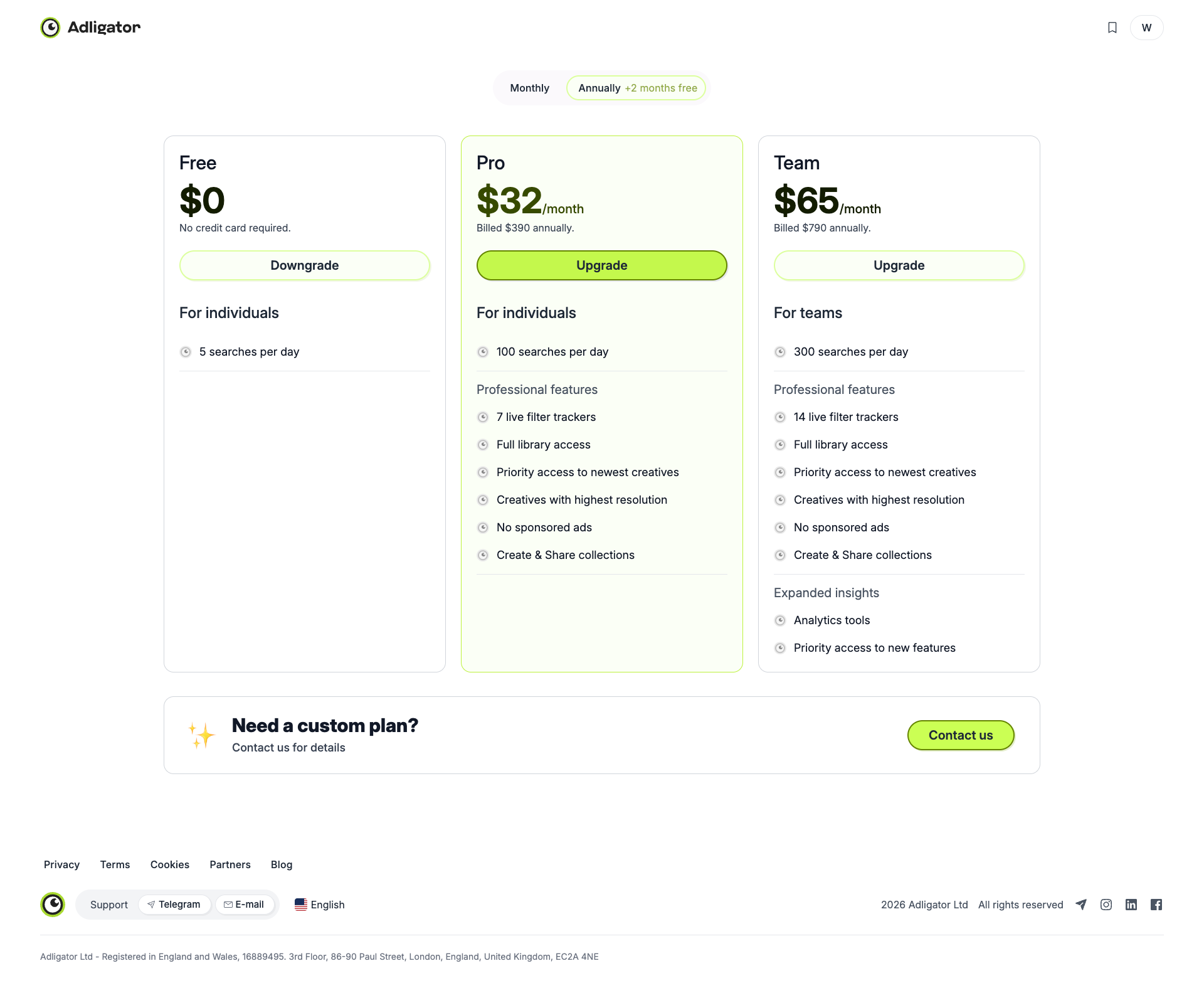 Adligator pricing page showing Free, Pro, and Team plans