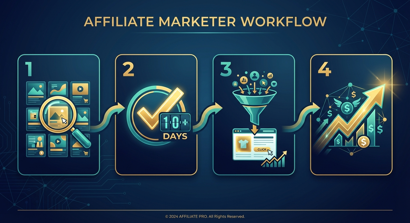 Infographic showing the affiliate marketing ad spy workflow from research to scaling