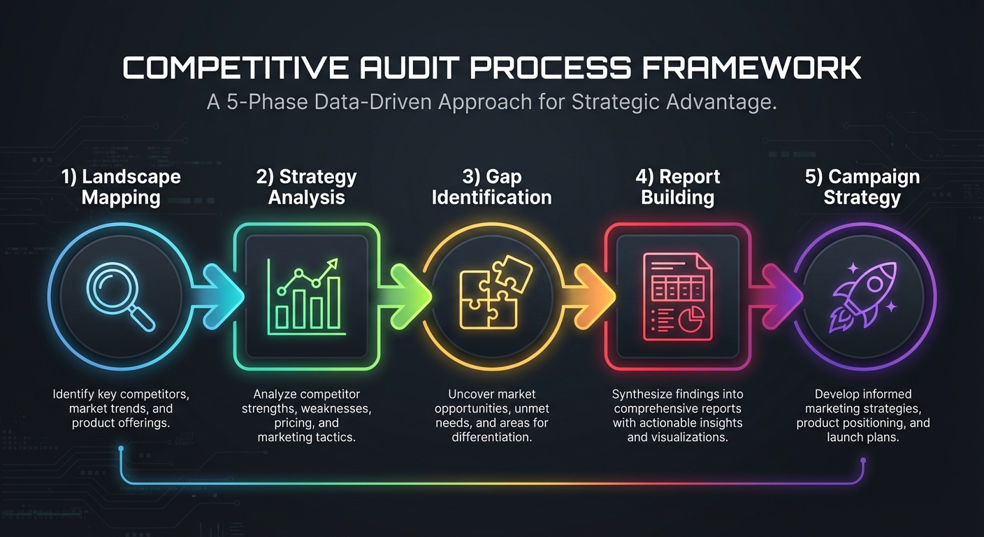 Five-step competitive audit framework diagram showing landscape mapping, strategy analysis, gap identification, report building, and campaign strategy phases