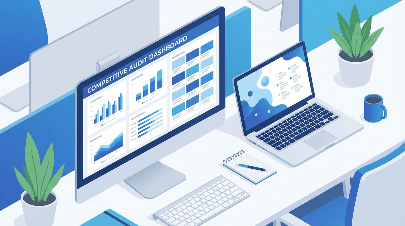 Agency workspace with competitive audit dashboard showing competitor ad analysis and data visualizations