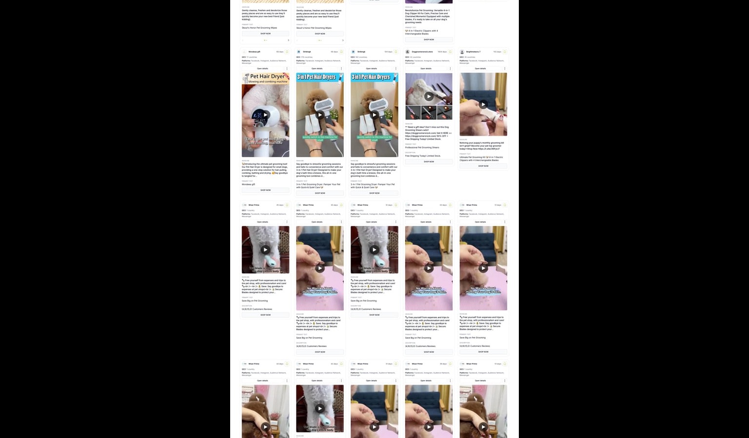 Adligator dashboard showing eCommerce ad search results filtered by Shop Now CTA and days active