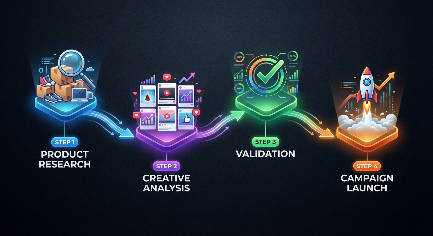 Product discovery to campaign launch workflow diagram showing research, analysis, validation, and launch steps