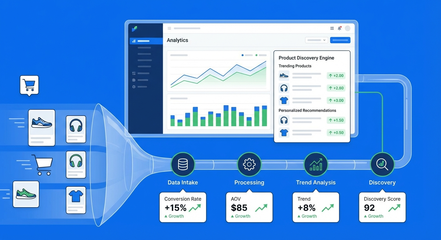 eCommerce product discovery dashboard showing ad intelligence data with shopping cart icons and performance metrics