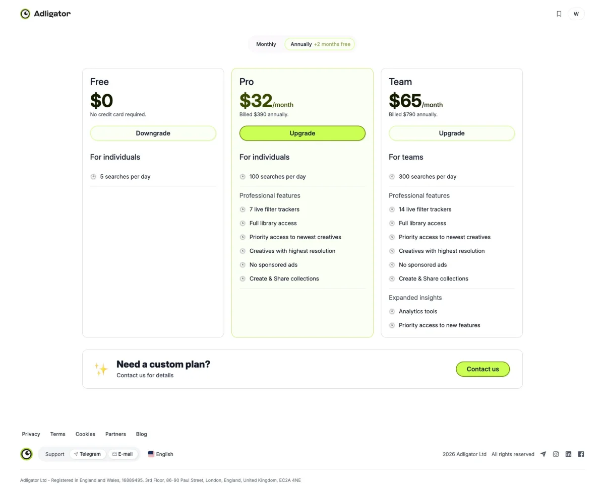 Adligator pricing page showing Free, Pro, and Team plans with features and costs compared to AdPolice