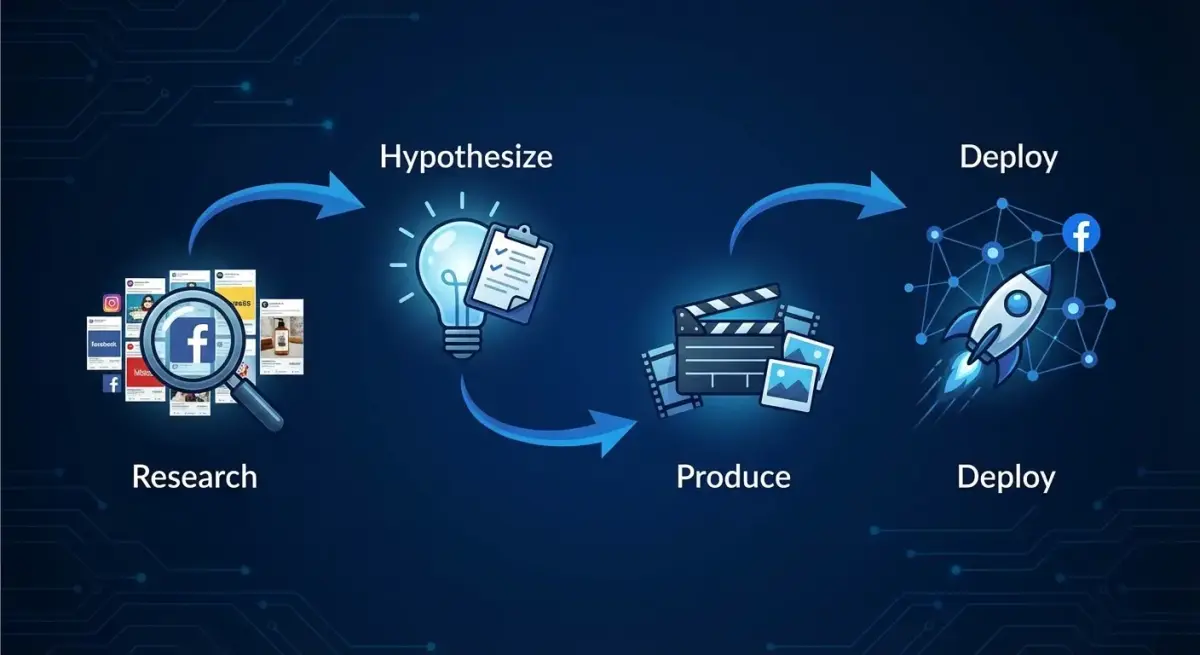 Flowchart showing the creative pipeline from competitor research through hypothesis generation to Advantage+ campaign deployment