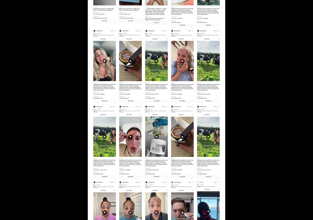 Adligator search results showing competitor creative variations filtered by longevity and format for Advantage+ creative research